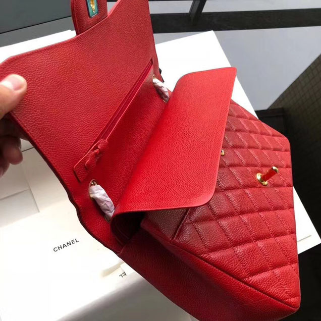 Chanel Classic Flap Bag 30cm Red Grained Calfskin Gold-Tone Metal