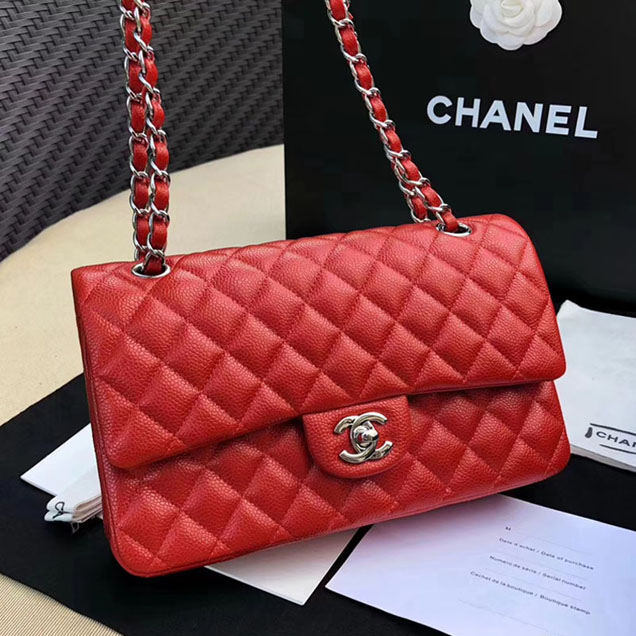 Chanel Classic Flap Bag 30cm Red Grained Calfskin Silver-Tone Metal