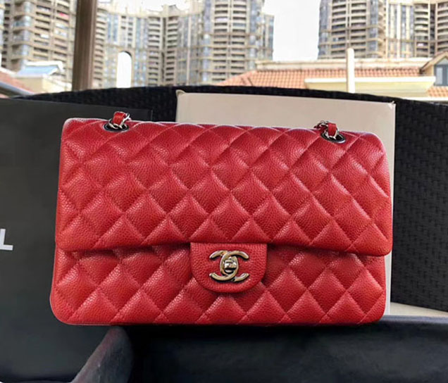 Chanel Classic Flap Bag 30cm Red Grained Calfskin Silver-Tone Metal