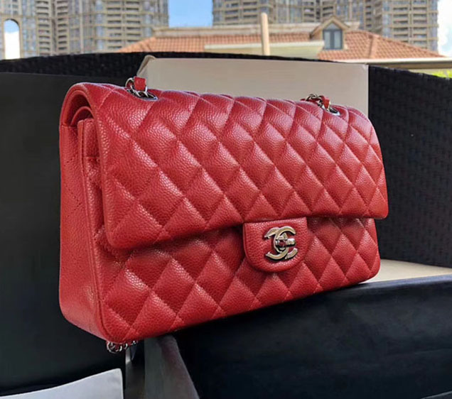 Chanel Classic Flap Bag 30cm Red Grained Calfskin Silver-Tone Metal