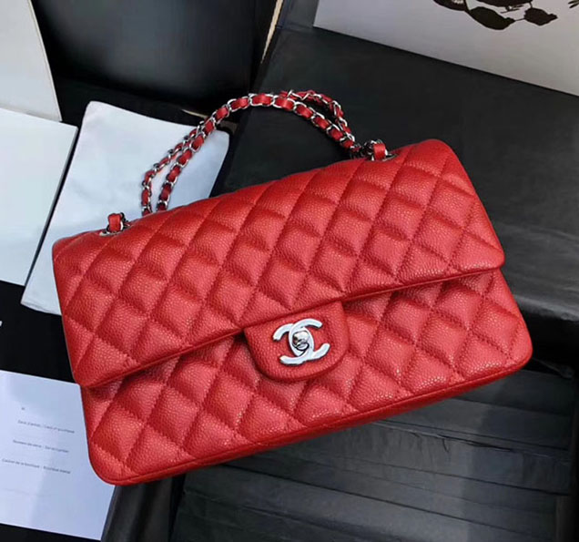 Chanel Classic Flap Bag 30cm Red Grained Calfskin Silver-Tone Metal