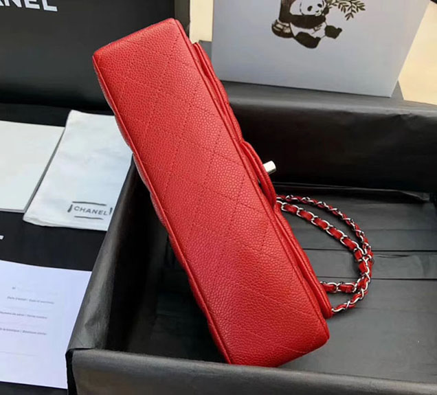 Chanel Classic Flap Bag 30cm Red Grained Calfskin Silver-Tone Metal