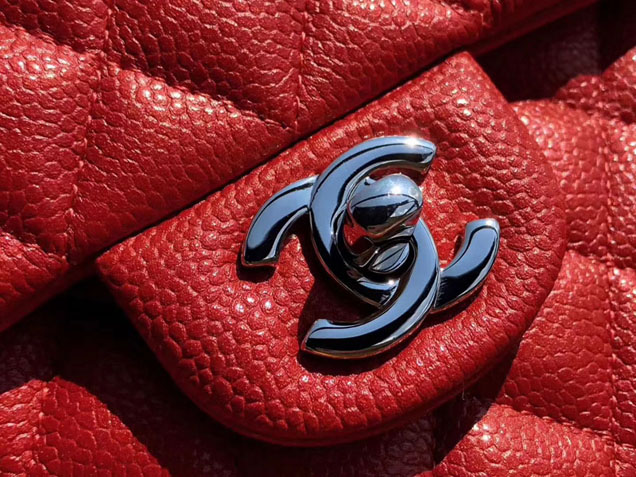 Chanel Classic Flap Bag 30cm Red Grained Calfskin Silver-Tone Metal