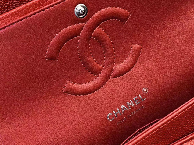 Chanel Classic Flap Bag 30cm Red Grained Calfskin Silver-Tone Metal