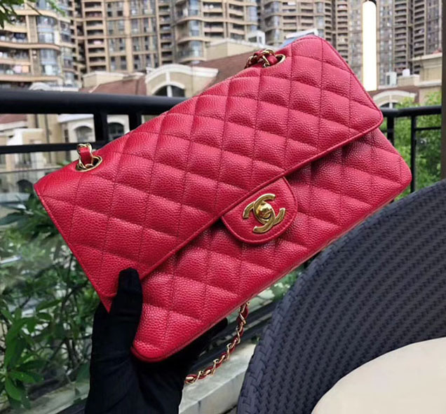 Chanel Classic Flap Bag 30cm Rose Red Grained Calfskin Gold-Tone Metal