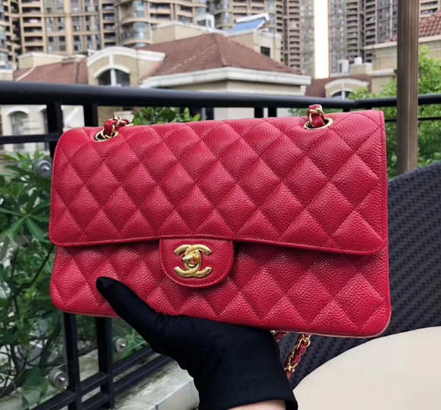 Chanel Classic Flap Bag 30cm Rose Red Grained Calfskin Gold-Tone Metal
