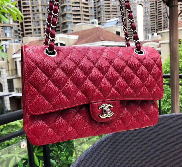 Chanel Classic Flap Bag 30cm Rose Red Grained Calfskin Silver-Tone Metal