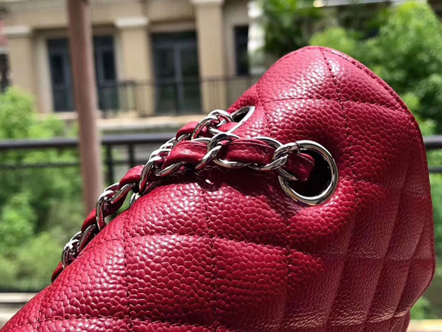 Chanel Classic Flap Bag 30cm Rose Red Grained Calfskin Silver-Tone Metal