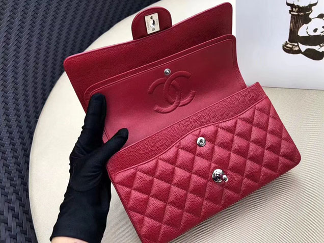 Chanel Classic Flap Bag 30cm Rose Red Grained Calfskin Silver-Tone Metal