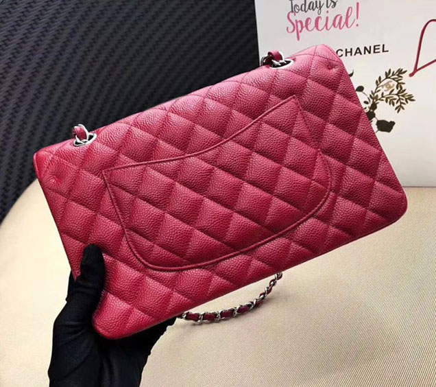 Chanel Classic Flap Bag 30cm Rose Red Grained Calfskin Silver-Tone Metal