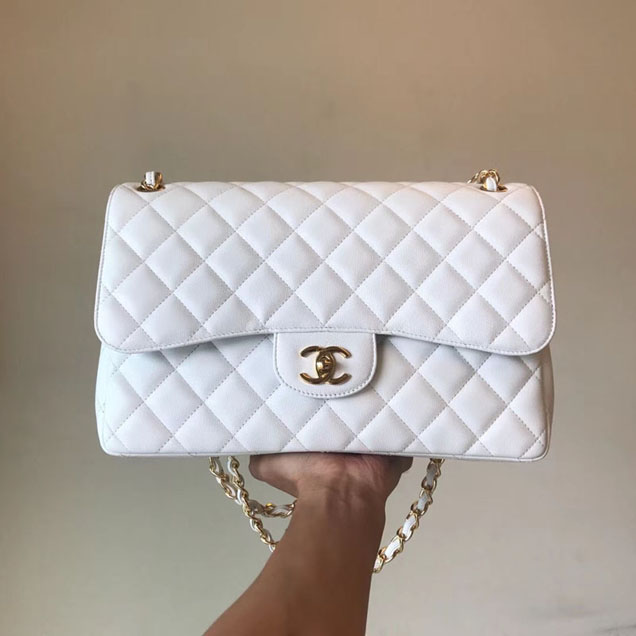 Chanel Classic Flap Bag 30cm White Grained Calfskin Gold-Tone Metal