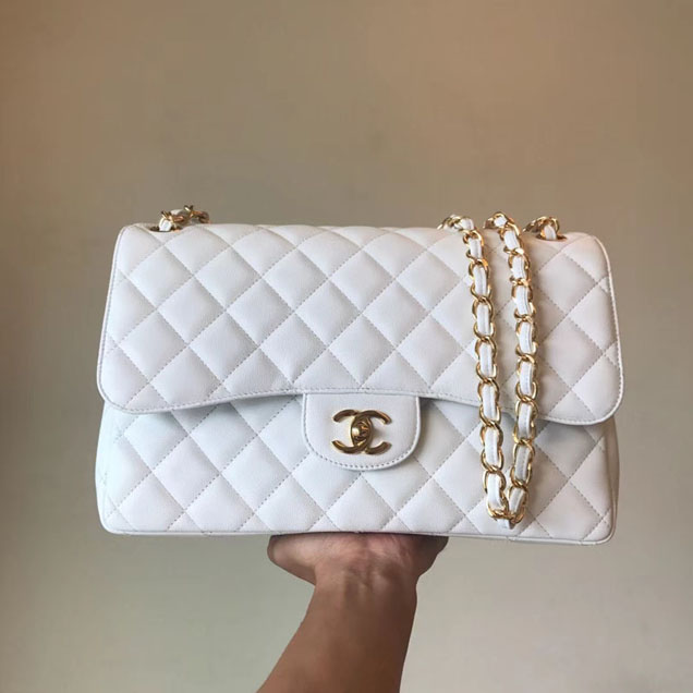 Chanel Classic Flap Bag 30cm White Grained Calfskin Gold-Tone Metal
