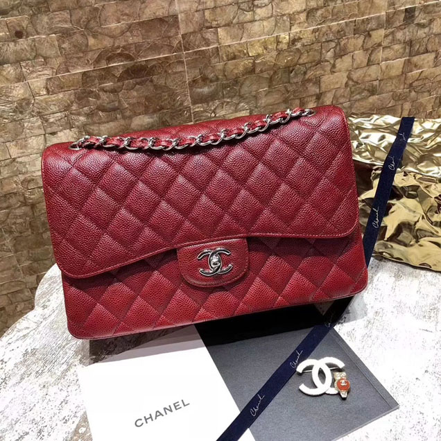 Chanel Classic Flap Bag Burgundy Grained Calfskin Silver-Tone Metal