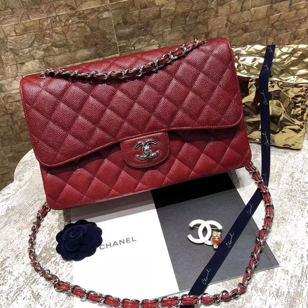 Chanel Classic Flap Bag Burgundy Grained Calfskin Silver-Tone Metal