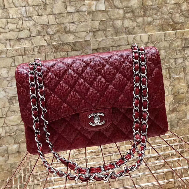 Chanel Classic Flap Bag Burgundy Grained Calfskin Silver-Tone Metal