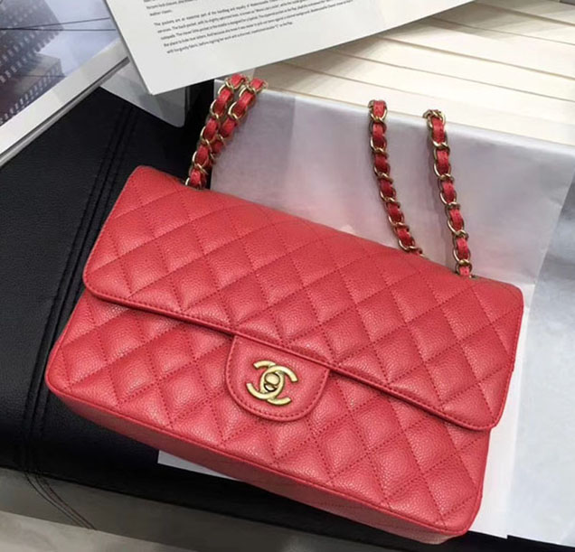Chanel Classic Flap Bag Pink Grained Calfskin Gold-Tone Metal