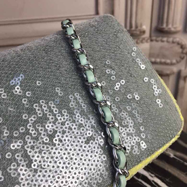 Chanel Sequins Flap Bag 20cm Silver Hardware Lambskin Leather Spring Summer Act 2 2018 Collection Green Light Green Yellow