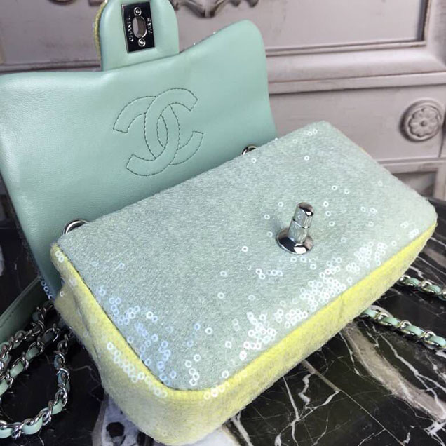 Chanel Sequins Flap Bag 20cm Silver Hardware Lambskin Leather Spring Summer Act 2 2018 Collection Green Light Green Yellow
