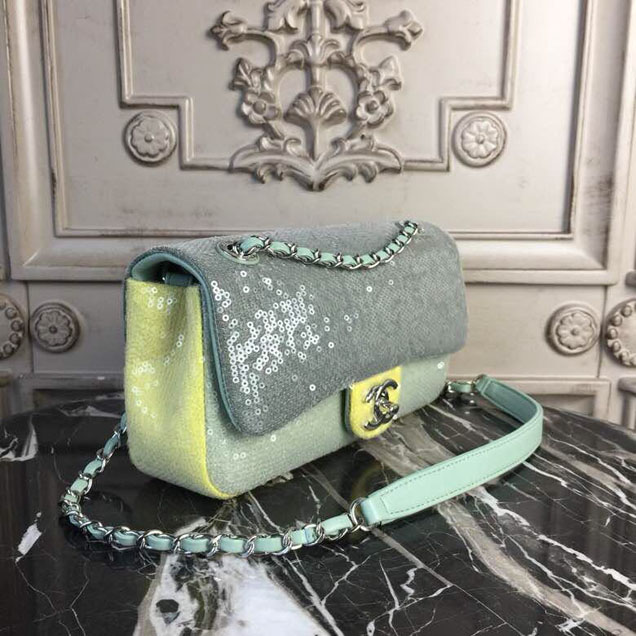 Chanel Sequins Flap Bag 22cm Silver Hardware Lambskin Leather Spring Summer Act 2 2018 Collection Green Light Green Yellow