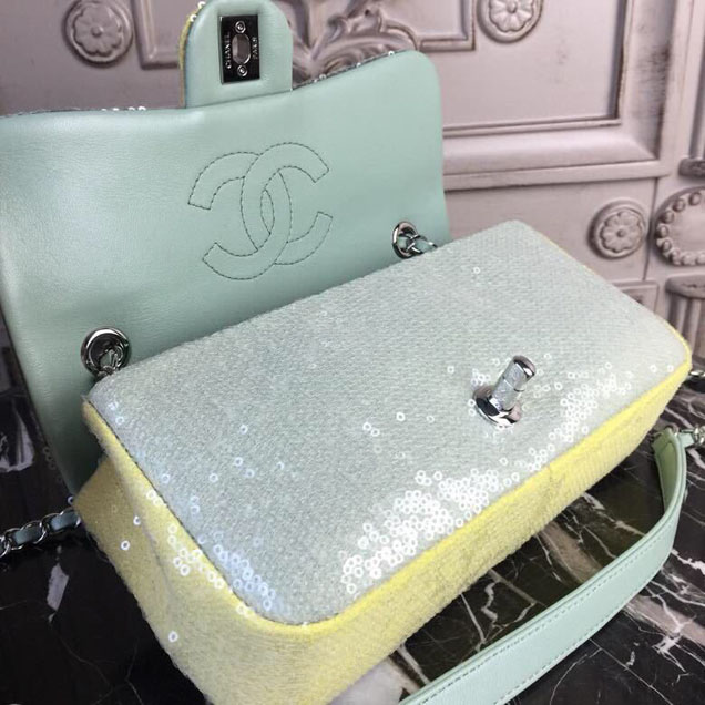 Chanel Sequins Flap Bag 22cm Silver Hardware Lambskin Leather Spring Summer Act 2 2018 Collection Green Light Green Yellow
