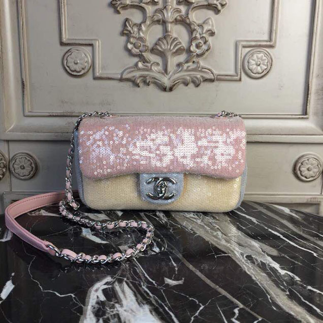 Chanel Sequins Flap Bag 20cm Silver Hardware Lambskin Leather Spring Summer Act 2 2018 Collection Pink Beige Gray