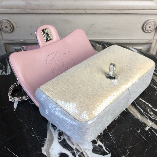 Chanel Sequins Flap Bag 20cm Silver Hardware Lambskin Leather Spring Summer Act 2 2018 Collection Pink Beige Gray
