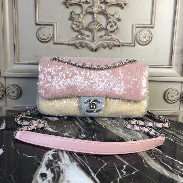 Chanel Sequins Flap Bag 22cm Silver Hardware Lambskin Leather Spring Summer Act 2 2018 Collection Pink Beige Gray