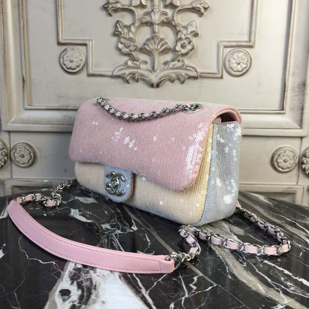 Chanel Sequins Flap Bag 22cm Silver Hardware Lambskin Leather Spring Summer Act 2 2018 Collection Pink Beige Gray