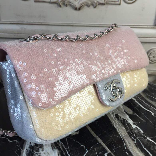 Chanel Sequins Flap Bag 22cm Silver Hardware Lambskin Leather Spring Summer Act 2 2018 Collection Pink Beige Gray