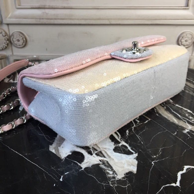 Chanel Sequins Flap Bag 22cm Silver Hardware Lambskin Leather Spring Summer Act 2 2018 Collection Pink Beige Gray