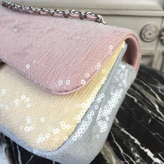 Chanel Sequins Flap Bag 22cm Silver Hardware Lambskin Leather Spring Summer Act 2 2018 Collection Pink Beige Gray