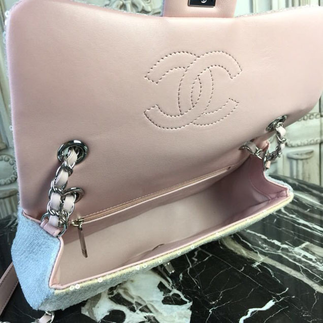 Chanel Sequins Flap Bag 22cm Silver Hardware Lambskin Leather Spring Summer Act 2 2018 Collection Pink Beige Gray