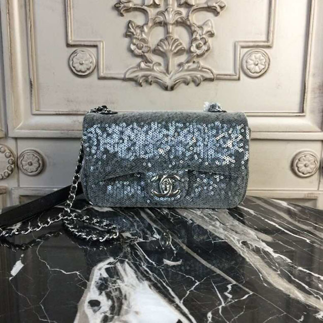 Chanel Sequins Flap Bag 20cm Silver Hardware Lambskin Leather Spring Summer Act 2 2018 Collection Grey