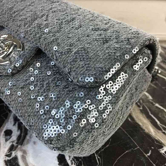 Chanel Sequins Flap Bag 20cm Silver Hardware Lambskin Leather Spring Summer Act 2 2018 Collection Grey