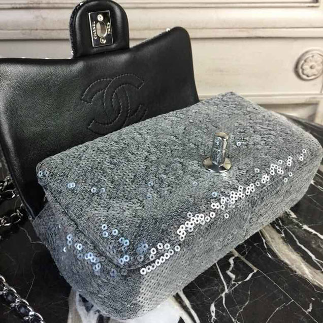 Chanel Sequins Flap Bag 20cm Silver Hardware Lambskin Leather Spring Summer Act 2 2018 Collection Grey