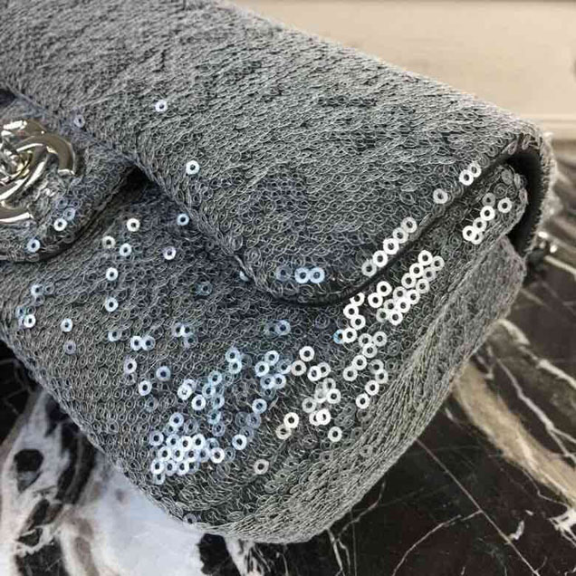 Chanel Sequins Flap Bag 20cm Silver Hardware Lambskin Leather Spring Summer Act 2 2018 Collection Grey