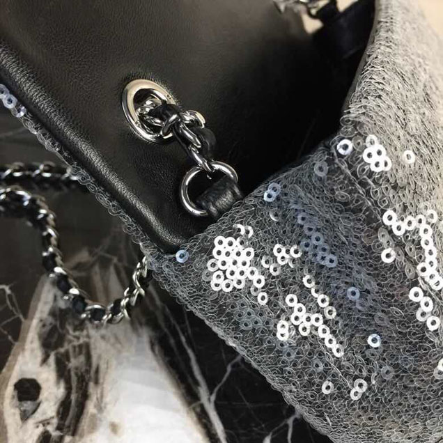 Chanel Sequins Flap Bag 20cm Silver Hardware Lambskin Leather Spring Summer Act 2 2018 Collection Grey