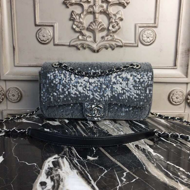 Chanel Sequins Flap Bag 22cm Silver Hardware Lambskin Leather Spring Summer Act 2 2018 Collection Grey