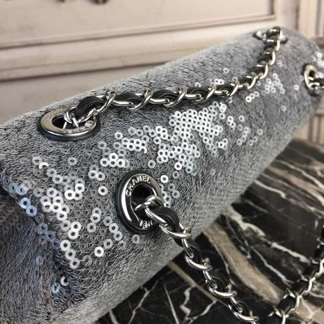 Chanel Sequins Flap Bag 22cm Silver Hardware Lambskin Leather Spring Summer Act 2 2018 Collection Grey