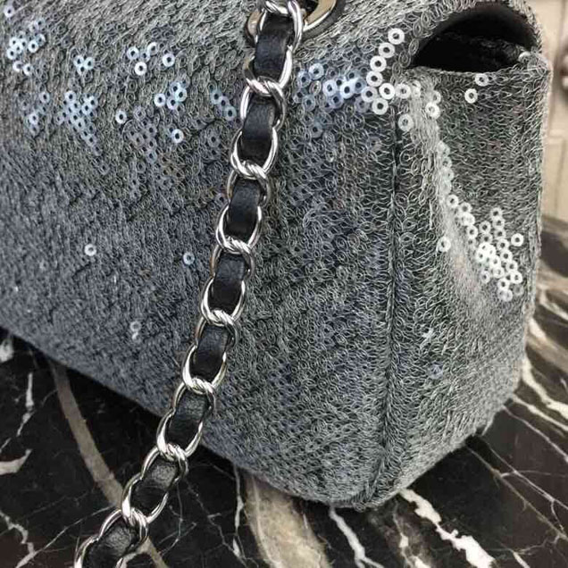 Chanel Sequins Flap Bag 22cm Silver Hardware Lambskin Leather Spring Summer Act 2 2018 Collection Grey
