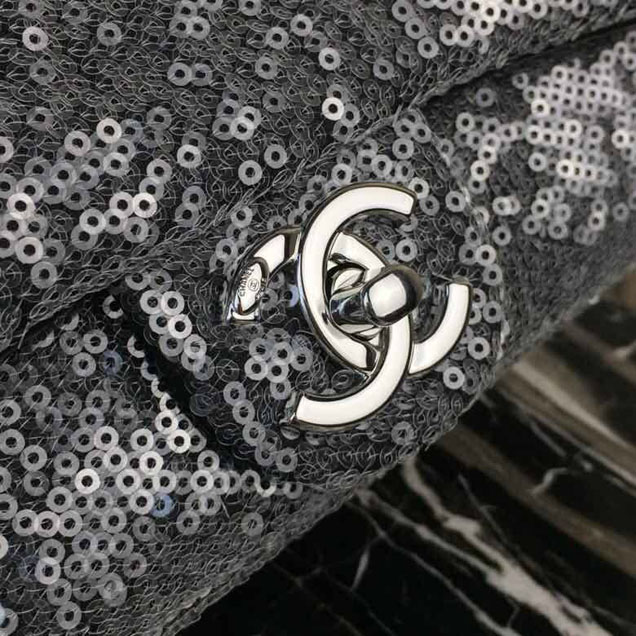 Chanel Sequins Flap Bag 22cm Silver Hardware Lambskin Leather Spring Summer Act 2 2018 Collection Grey
