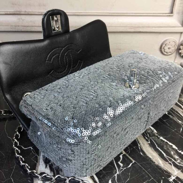Chanel Sequins Flap Bag 22cm Silver Hardware Lambskin Leather Spring Summer Act 2 2018 Collection Grey