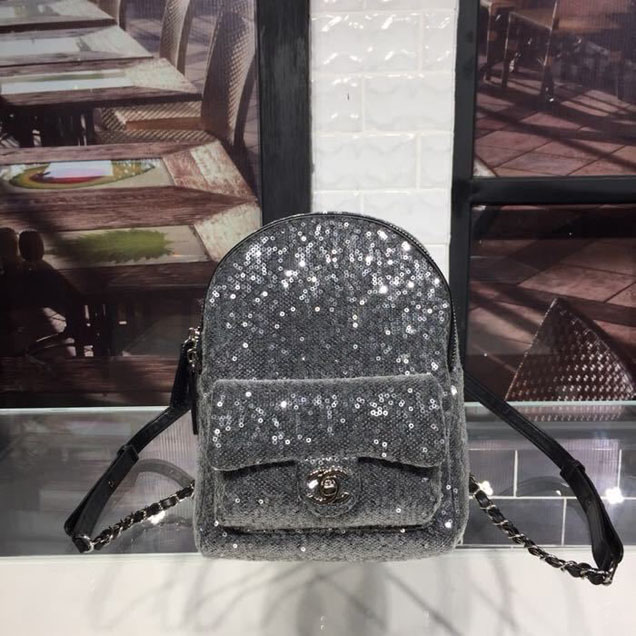 Chanel Sequin Waterfall Backpack Bag 18cm Silver Hardware Lambskin Leather Spring Summer Act 2 2018 Collection Black