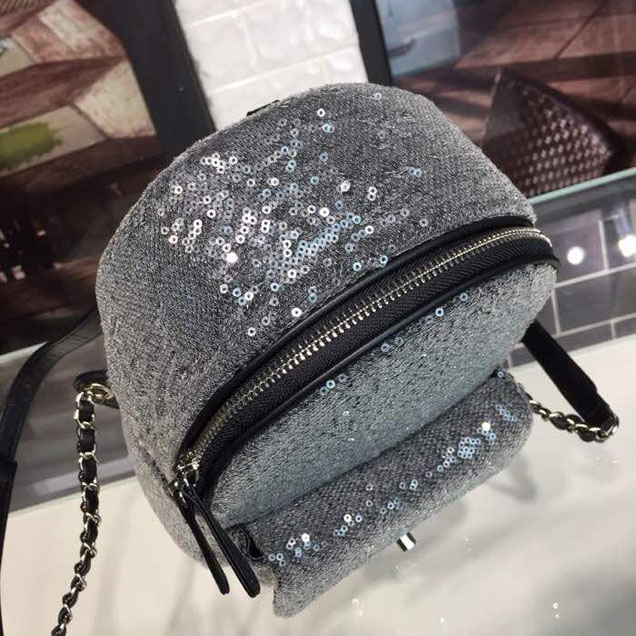 Chanel Sequin Waterfall Backpack Bag 18cm Silver Hardware Lambskin Leather Spring Summer Act 2 2018 Collection Black