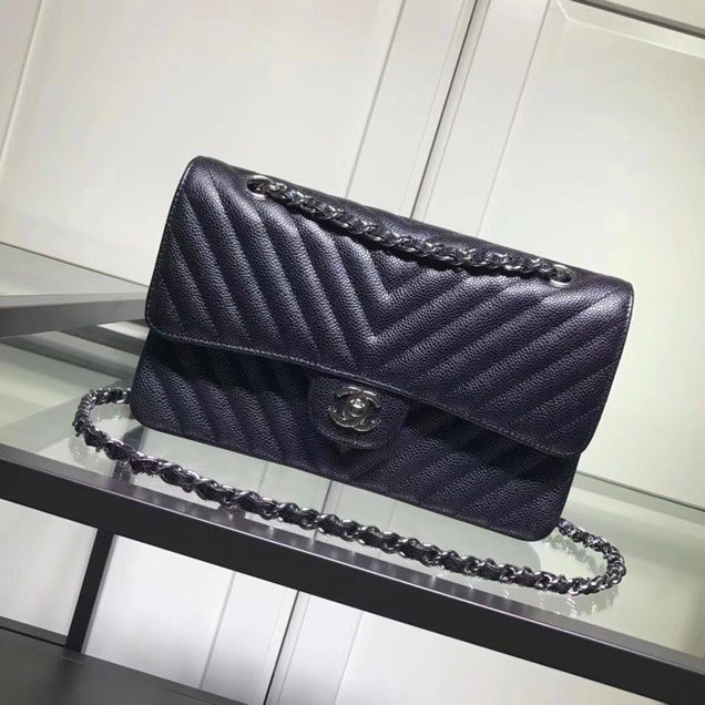 Chanel Chevron Classic Double Flap Bag Silver Hardware Caviar Lambskin Leather Spring Summer Act 2 2018 Collection Black