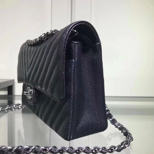 Chanel Chevron Classic Double Flap Bag Silver Hardware Caviar Lambskin Leather Spring Summer Act 2 2018 Collection Black