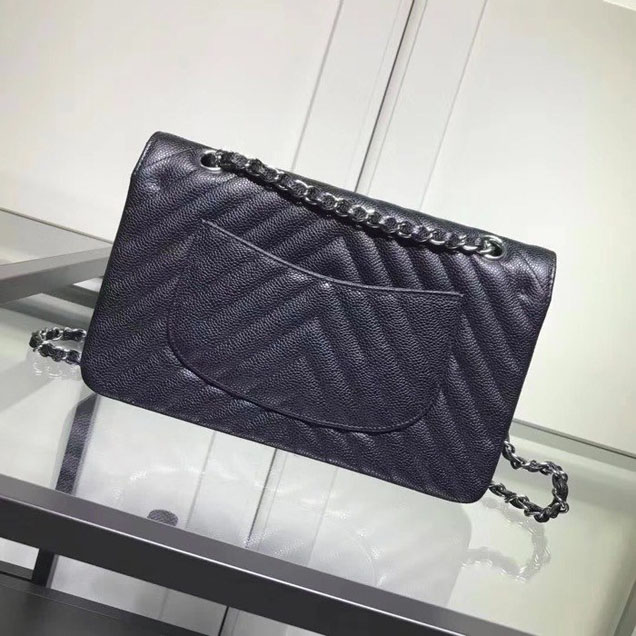 Chanel Chevron Classic Double Flap Bag Silver Hardware Caviar Lambskin Leather Spring Summer Act 2 2018 Collection Black