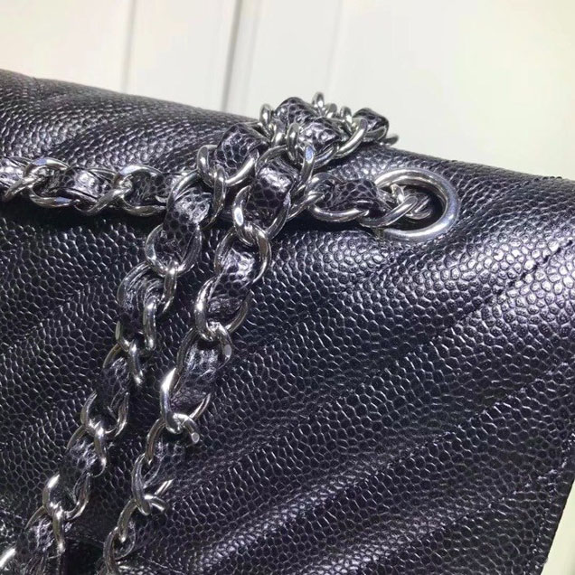 Chanel Chevron Classic Double Flap Bag Silver Hardware Caviar Lambskin Leather Spring Summer Act 2 2018 Collection Black
