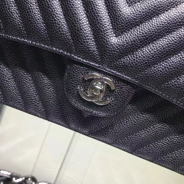 Chanel Chevron Classic Double Flap Bag Silver Hardware Caviar Lambskin Leather Spring Summer Act 2 2018 Collection Black