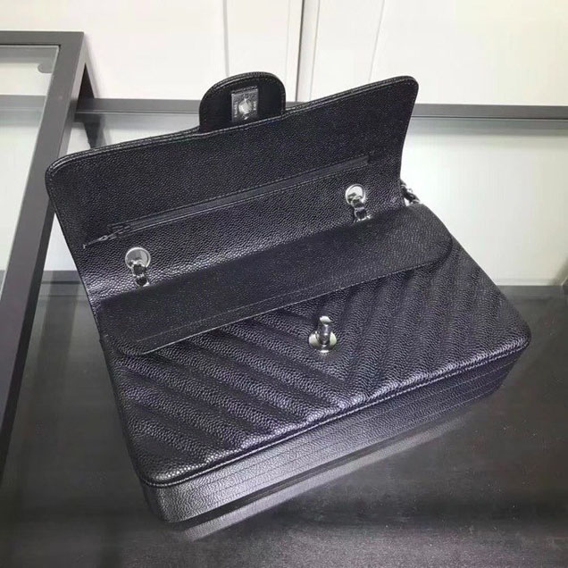 Chanel Chevron Classic Double Flap Bag Silver Hardware Caviar Lambskin Leather Spring Summer Act 2 2018 Collection Black
